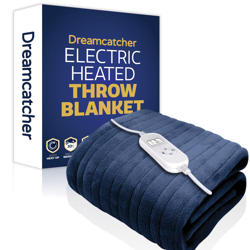 Dreamcatcher Blue (Navy ) Xl Heated Electric Throw Blanket Double Over Blanket Soft Fleece 9 Heat & 12Hr Timer Settings