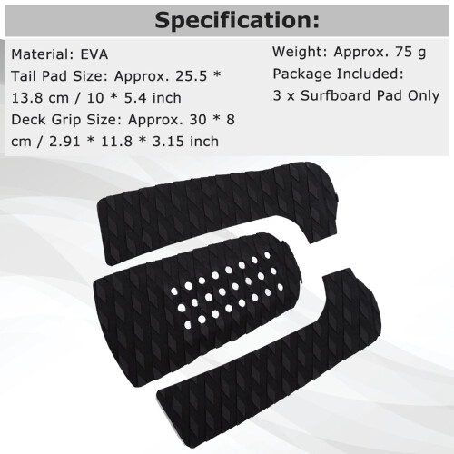 3Pcs Black Surfboard Traction Pads: Eco-Friendly Waterproof Grip 2