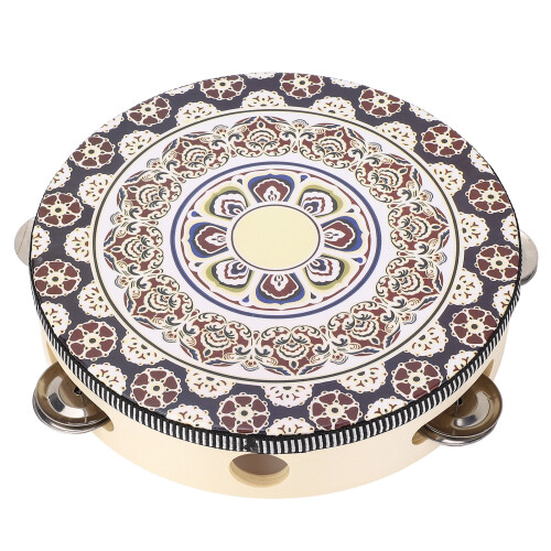 Tambourin à main en bois, 8 pouces, fleur blanche 2