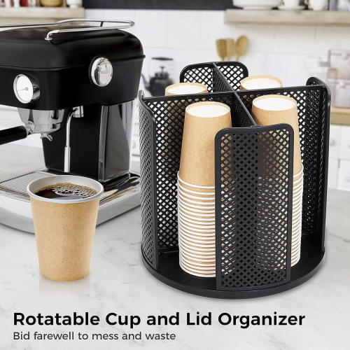Rotatable Cup and Lid Organizer with 4 Compartments Black 1
