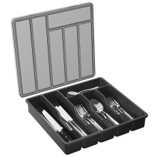 Organizador de cubiertos con tapa y bandeja para utensilios, color negro