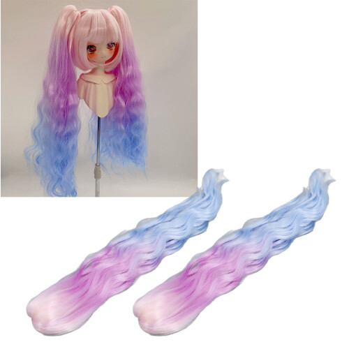2 pezzi parrucche per bambole a gradiente rosa viola blu 25cm ricce