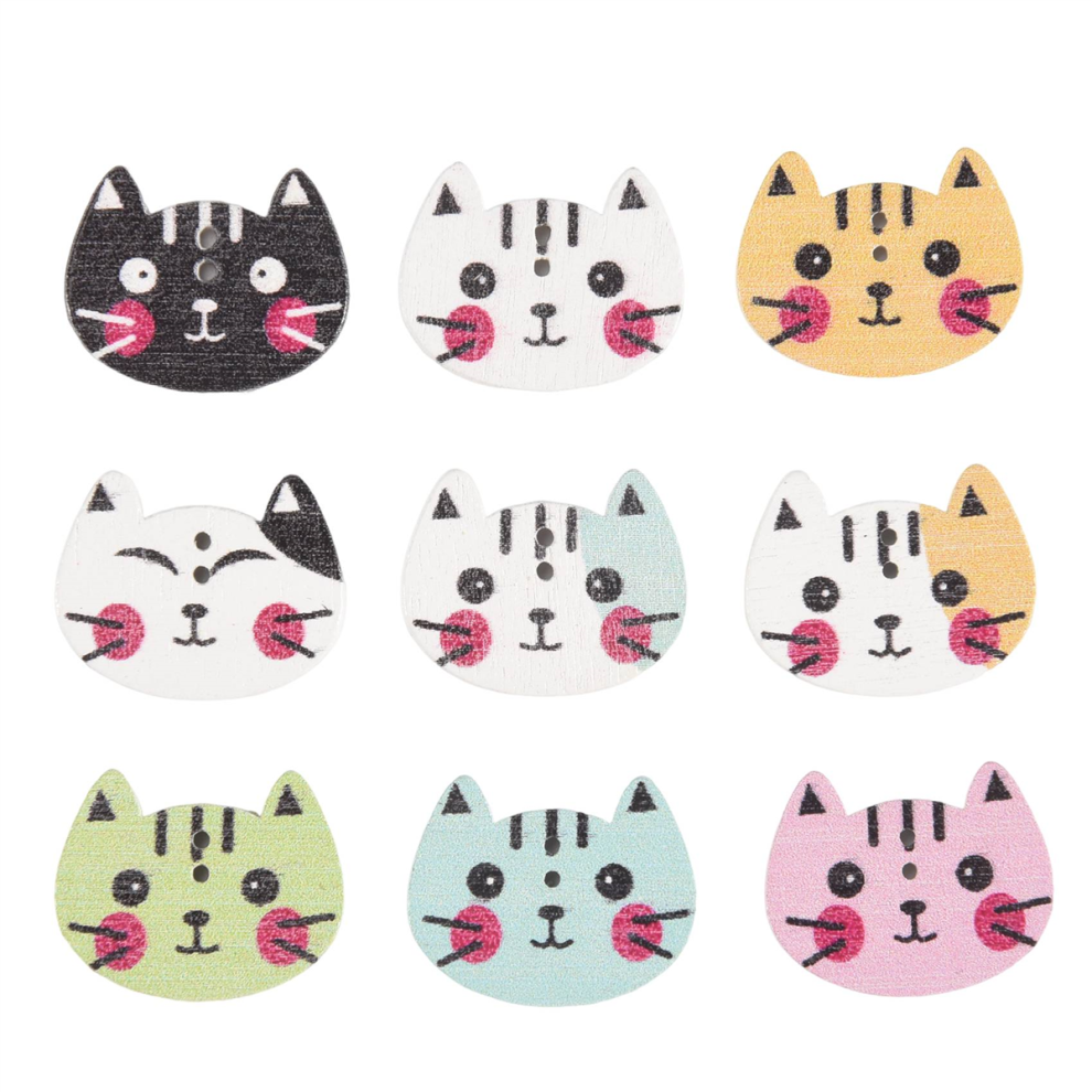 100pcs Cat Wooden Button Sewing Scrapbooking Colorful
