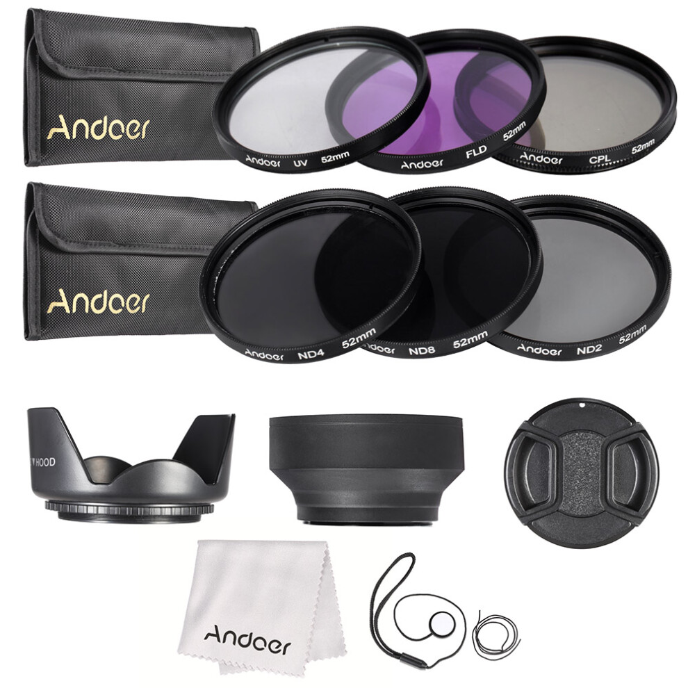 Andoer 52Mm Filter Kit Uv+Cpl+Fld+Nd (Nd2/4/8) With Pouch Lens Cap & Hoods 8441334520123