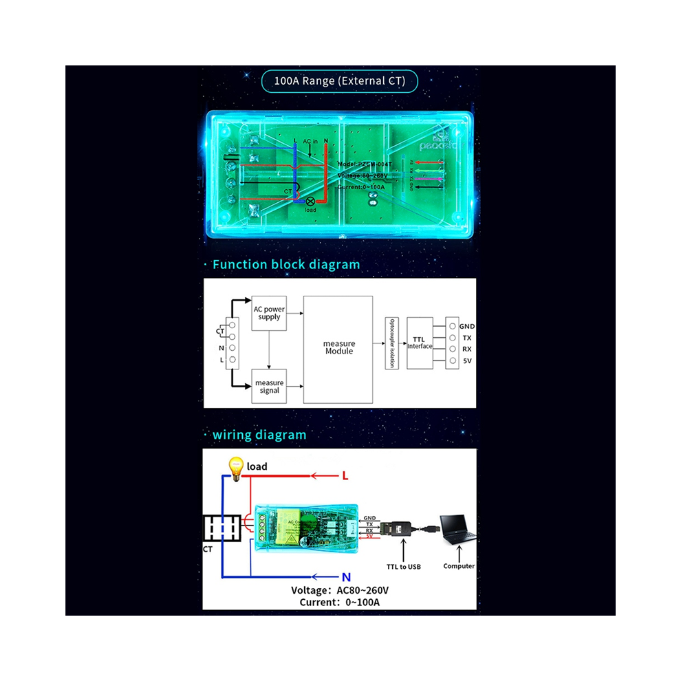 10A Pzem 004T 3.0 Wattmeter Meter Current Test Module For Ttl 4713779694696