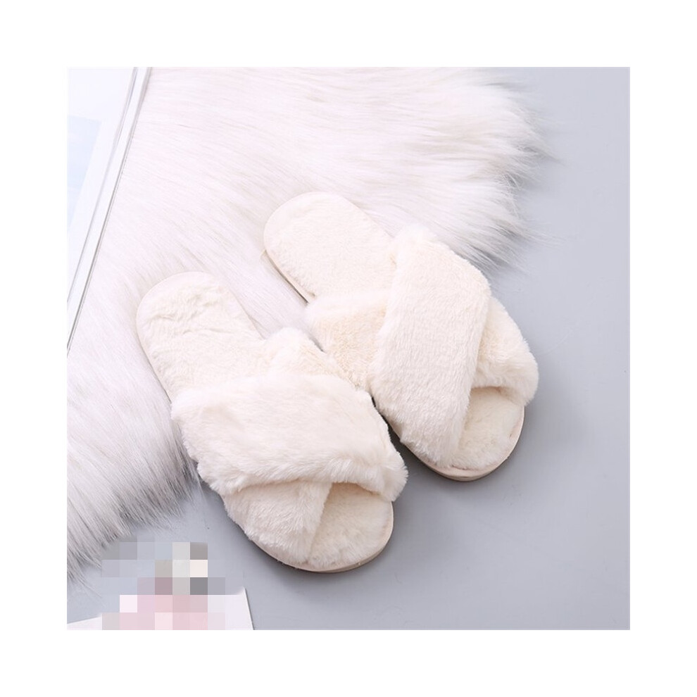 (Beige,Eu39)Zapatillas De Verano Mullidas De Piel Para Dama Deslizantes Con Punta Abierta Cruzada Para Mujer-image