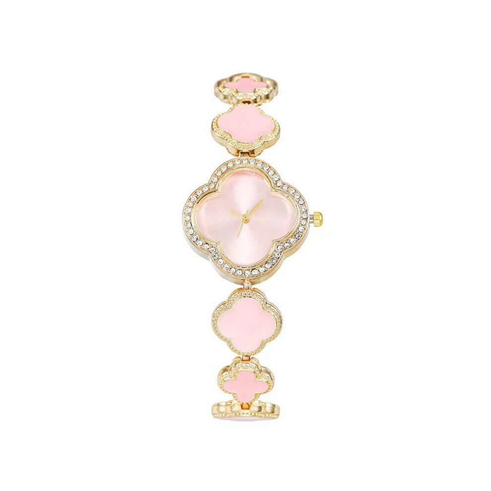 (Pink) Leaf Clover Four Quartz Watch Leather Alhambra Wristwatch Gifts Accessory Girls Pink