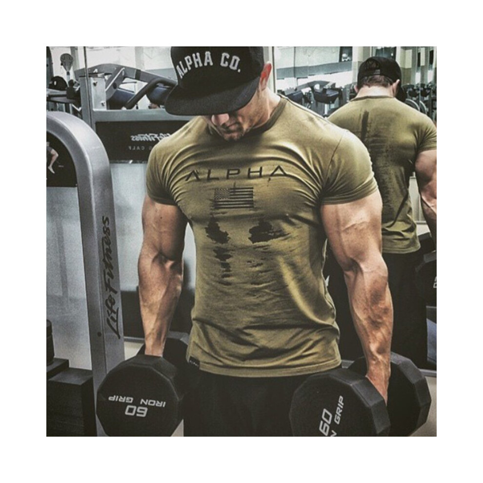 (Army Green, L) Gym Bodybuilding Mens Fitness Muscle Workout Crew Neck Sports Tshirt Tops
