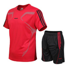 (Red, L) Men Running Sport Set Short Sleeveshorts 2pcs Breathable Jogging Fitness Suit