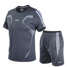 (Gray, M) Men Running Sport Set Short Sleeveshorts 2pcs Breathable Jogging Fitness Suit
