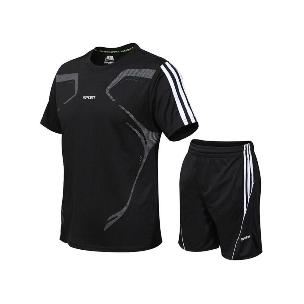 (Black, XL) Men Running Sport Set Short Sleeveshorts 2pcs Breathable Jogging Fitness Suit-image-OPC-PJD5R96-NEW