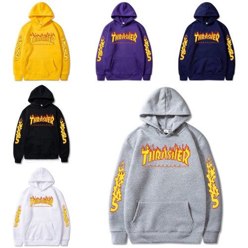 (Black,M)Plus Size Thrasher Vlamprint Pullover Hoodie Casual Koppel Sweater Unisex 2