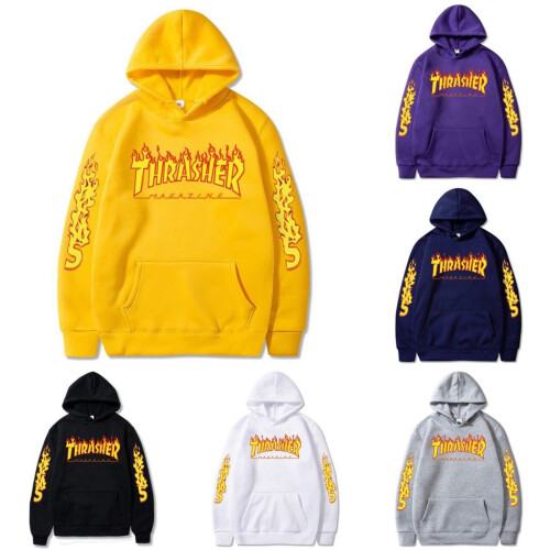 (Black,M)Plus Size Thrasher Vlamprint Pullover Hoodie Casual Koppel Sweater Unisex 1