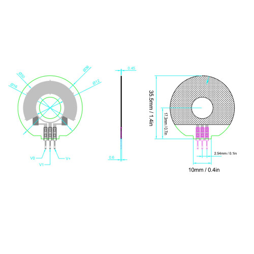 Sensor de posición de película delgada, impedancia de 160 kΩ, 0,45 mm 1