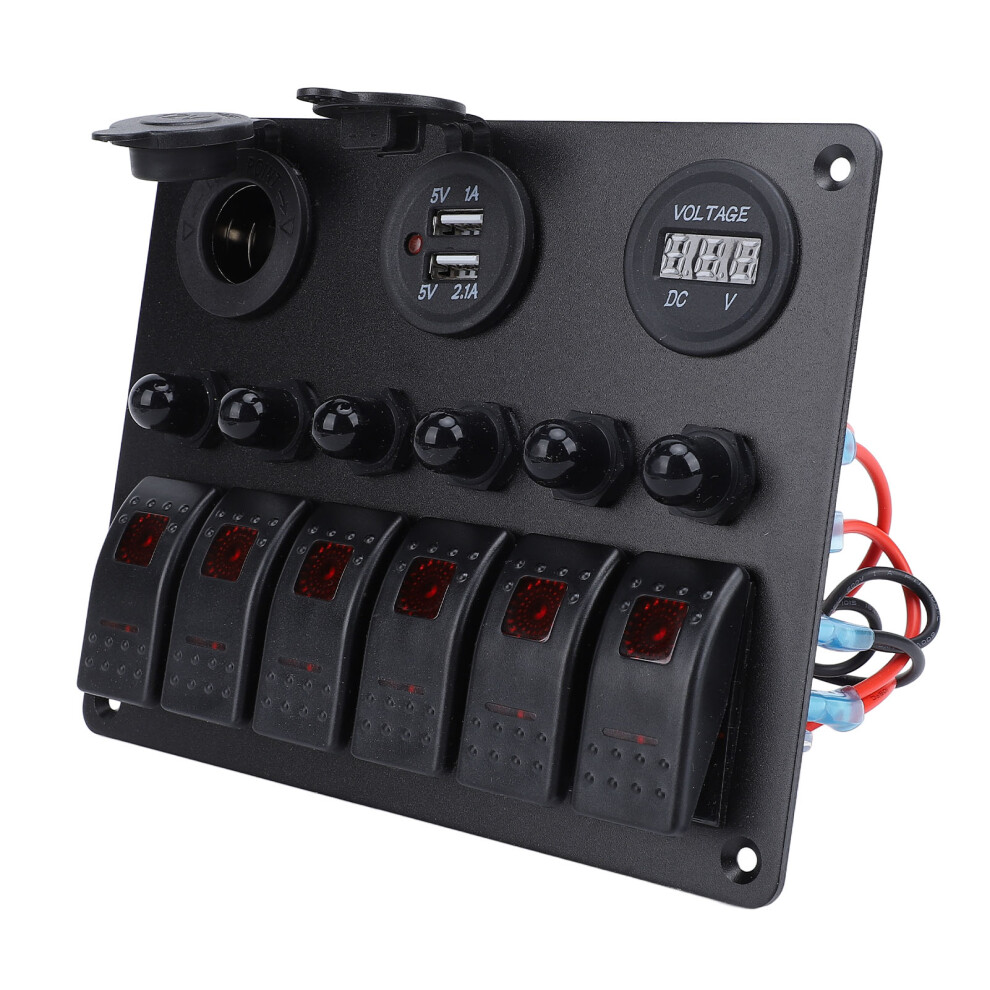 Dc 12-24V 6-Gang Rocker Switch Panel With Dual Usb & Volt Meter, Waterproof 6951334721526