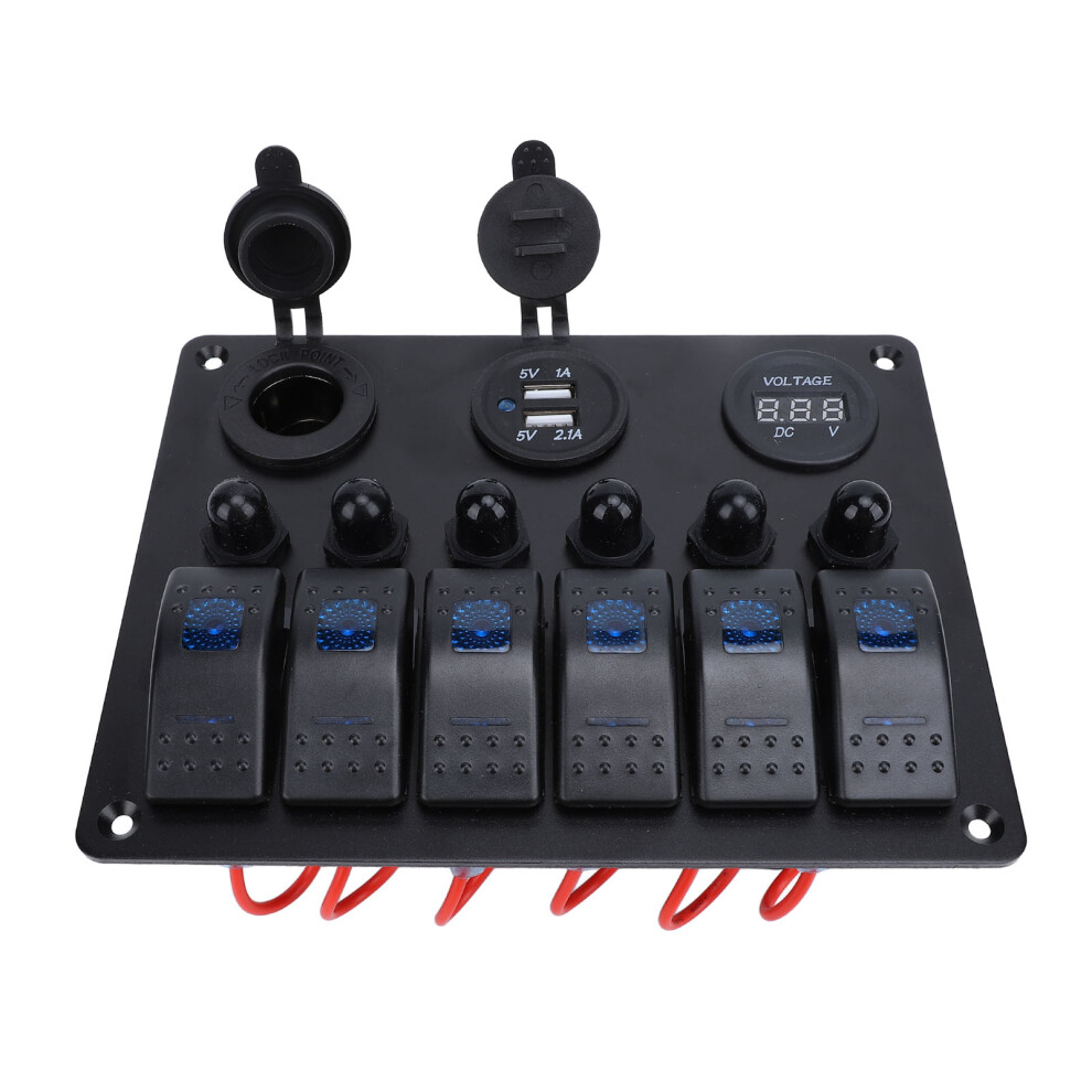 12-24V 6-Gang Rocker Switch Panel With Dual Usb & Voltmeter Blue 6931334721412