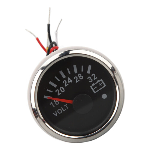 52MM DC 9-32V Voltmeter, Black Dial, Silver Bezel