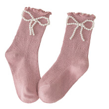 Mädchen Mid-Calf-Socken Süßes Perlen-Schleifen-Design Bequemer Baumwoll-Elastik-Rüschensaum-Socken für Schule und Party Rosa L, Für ca. 5–8