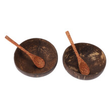 2 Stück Kokosschüssel-Set mit Holzlöffeln, hitzebeständig, Durchmesser 14 cm