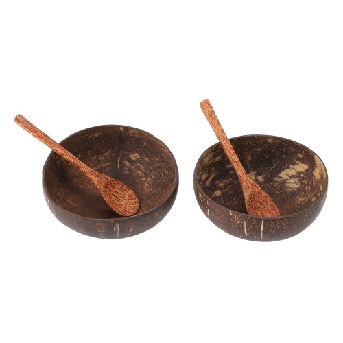 2 Stück Kokosschüssel-Set mit Holzlöffeln, hitzebeständig, Durchmesser 14 cm 2
