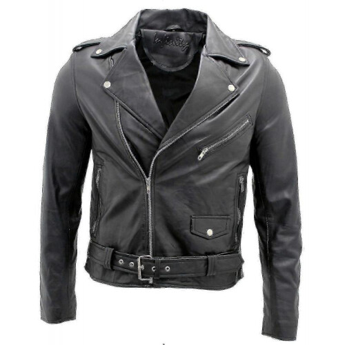 (L)Men's Black Brando Leather Biker Jacket Abc