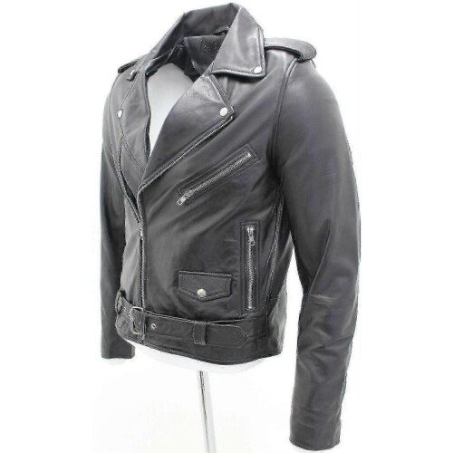(4XL)Men's Black Brando Leather Biker Jacket Abc 1