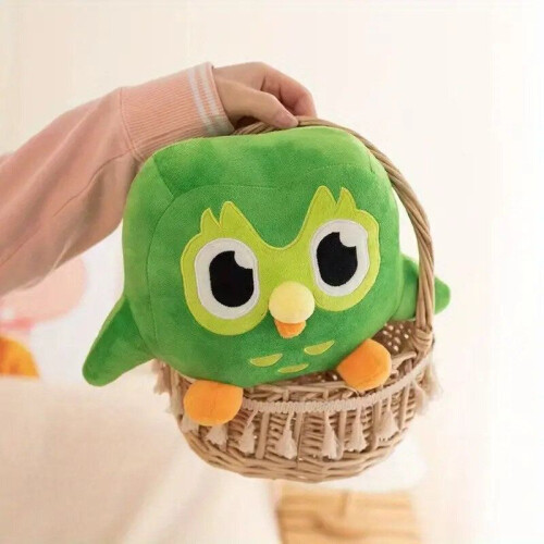 Speelse groene Duolingo uil knuffel voor kinderen.