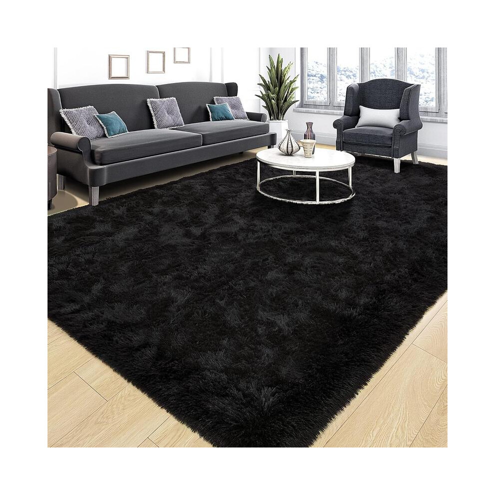 (Black, 120cmX160cm/47.20inchX63.00inch) Solid Color Shaggy Fuzzy Rugs, 1 Count Non-slip Soft Plush Area Rug, Decorative Carpet for Home Living Room B-image-OPC-PJDBW8H-NEW