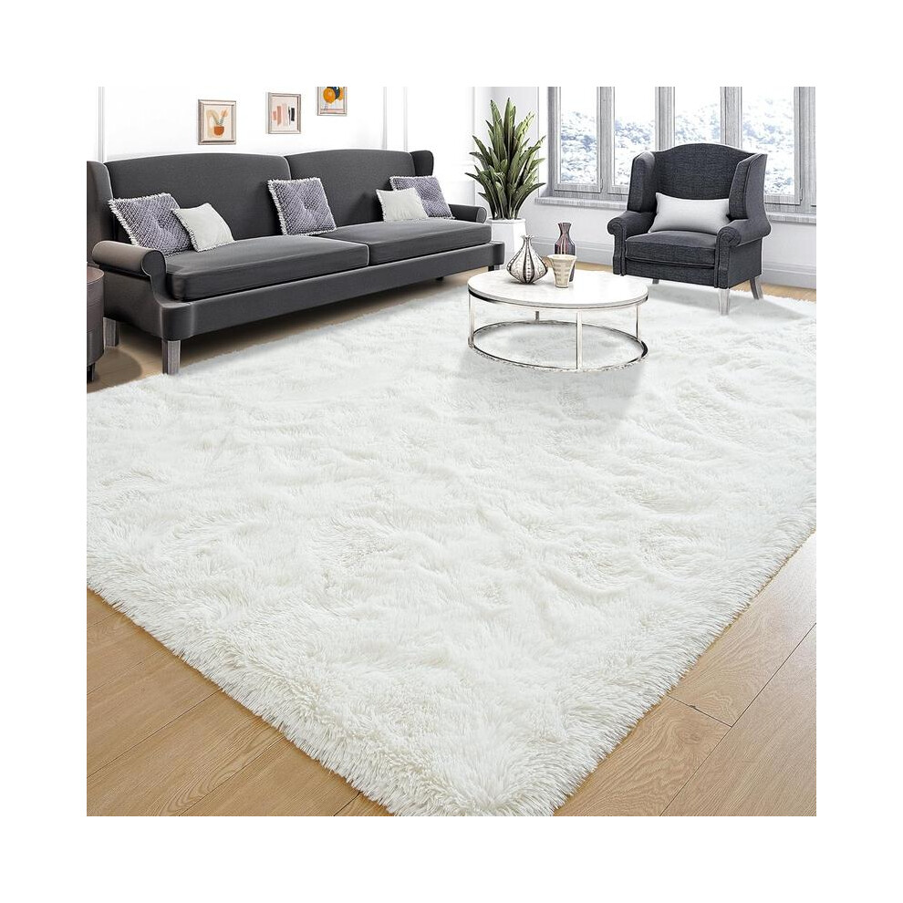 (White, 140cmX200cm/55.00inchX78.70inch) Solid Color Shaggy Fuzzy Rugs, 1 Count Non-slip Soft Plush Area Rug, Decorative Carpet for Home Living Room B-image-OPC-PJDBWBX-NEW