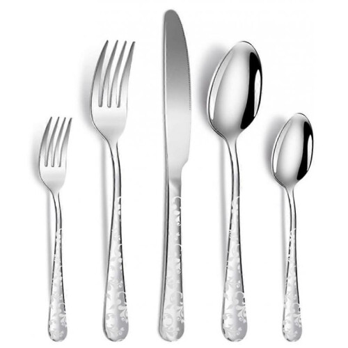 5 Piece Stainless Steel Flatware Set Includes Knife, Fork, Spoon, Unique Pattern Design, Dishwasher Safe Silver