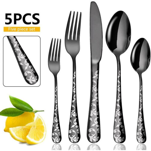 5 Piece Stainless Steel Flatware Set Includes Knife, Fork, Spoon, Unique Pattern Design, Dishwasher Safe Silver 2