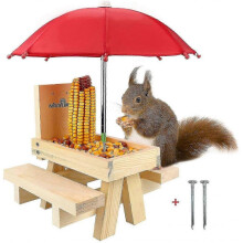 Squirrel Feeder Table with Umbrella, Wooden Squirrel Picnic Table Feeder, Durable Squirrel Feeder Corn Cob Holder