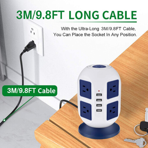 Tower Surge Protector Power Strip 8 AC Outlets 4 USB 3M Cable Blue 2