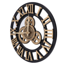 Large 3D Vintage Wooden Gear Wall Clock 34CM Gold Industrial Style