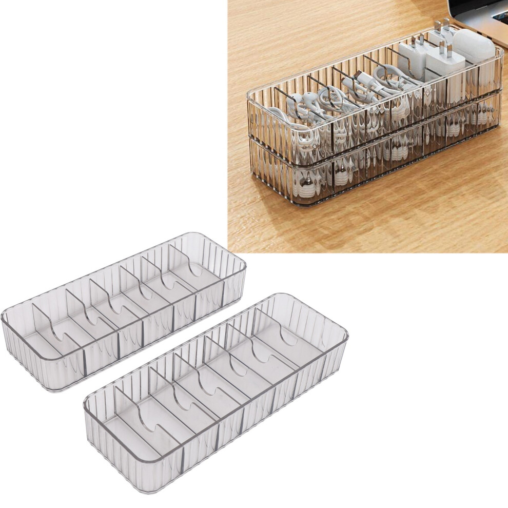 Clear Acrylic Cable Management Box, 2pcs, 7 Compartments, 26x9.5x4.5cm