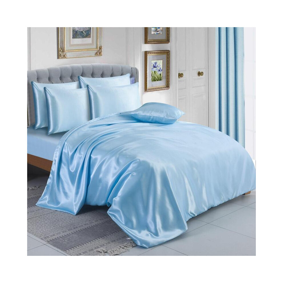 (Sky, Single) 6PCS SATIN COMPLETE BEDDING SET DUVET COVER FITTED SHEET 4 PILLOW CASES-image-OPC-PJDF96B-NEW