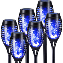 (4 Pack-Flame shape, Blue) 4 Pack Solar Flickering Dancing Flame Lights Purple Waterproof Solar Torch Lights for Outdoor Garden Patio Pathway Yard Driveway Halloween Decorative