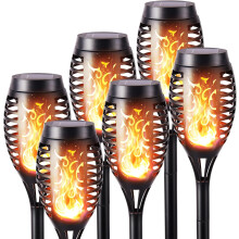 (4 Pack-Flame shape, Warm White-6pcs) 4 Pack Solar Flickering Dancing Flame Lights Purple Waterproof Solar Torch Lights for Outdoor Garden Patio Pathway Yard Driveway Halloween Decorative