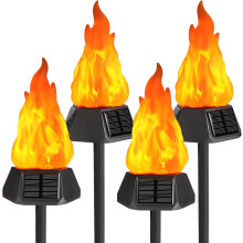 (4 Pack-Flame shape, Warm White) 4 Pack Solar Flickering Dancing Flame Lights Purple Waterproof Solar Torch Lights for Outdoor Garden Patio Pathway Yard Driveway Halloween Decorative