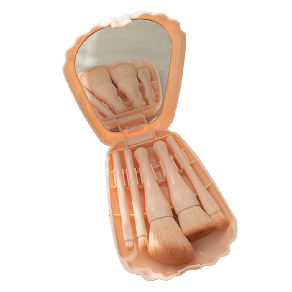 Shell Portable Travel Makeup Brush Set 5 Sizes Pink with Mirror, Synthetic Fibers