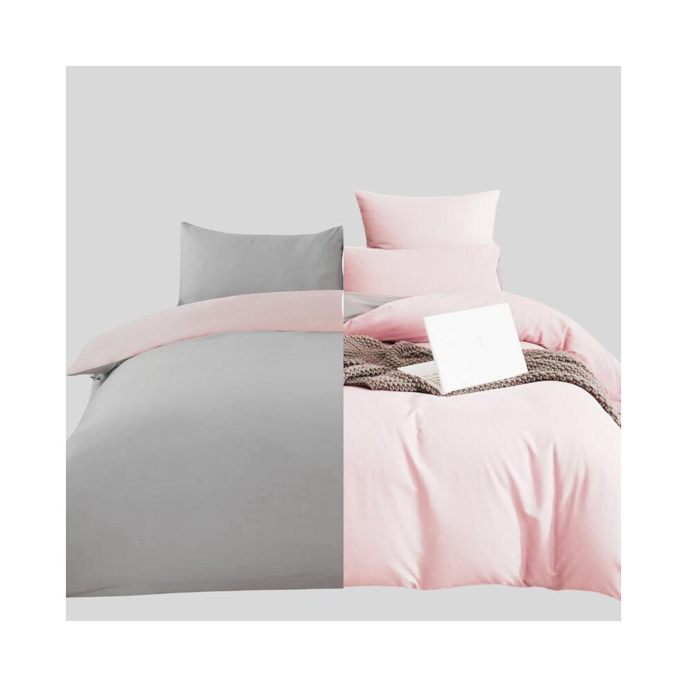 (Silver-Pink, Single: 137 X 200 CM) Reversible Duvet Quilt Cover Bedding Set Dual Colour Single Double King Super-King Size W Pillowcases Microfiber S-image-OPC-PJDFPGF-NEW