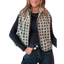 Women's Checkered Sherpa Vest Sleeveless Cardigan High Collar Zip Up Winter Top