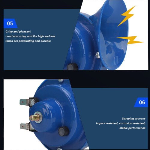 Coppia di clacson 12V per UTV, 60 dB 510 Hz, cavo da 3 m, Blu 2