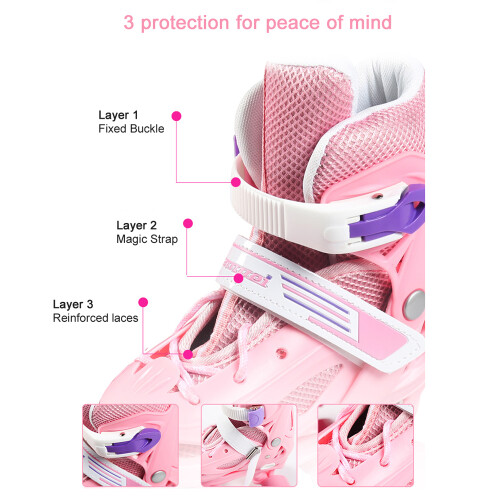 Kids Adjustable Breathable Roller Skates - Pink/Red/Blue, Sizes XS- M 1