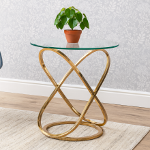 Gold End Table with Glass Top and Chrome Legs, Modern Round Side Table for Living Room or Bedroom