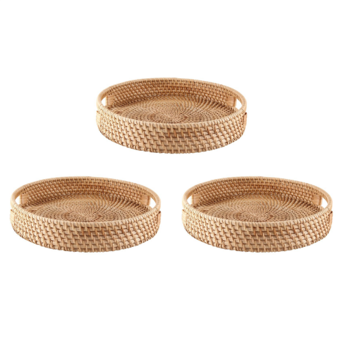Ronde rotan schaal met parelmoer inleg, Boho decor serveerschaal, ronde