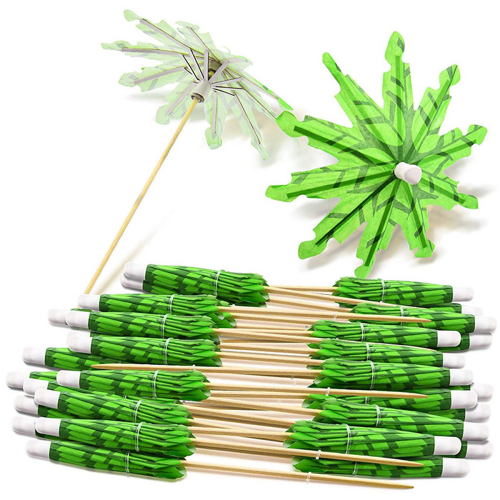 4X Green Coconut Tree Toothpicks Paper Umbrellas Handmade Cocktail Par 2