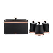 Tower Cavaletto Bread Bin and Set of 3 Storage Canisters, Black and Rose Gold EEJB281