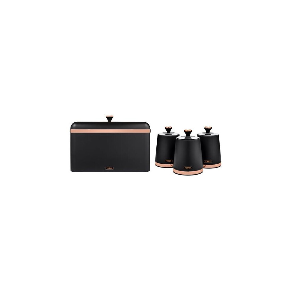 Tower Cavaletto Bread Bin And Set Of 3 Storage Canisters, Black And Rose Gold Eejb281