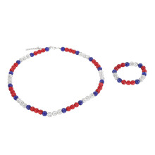 Collier et bracelet de perles de baseball, 60 cm, bleu foncé, blanc et rouge.